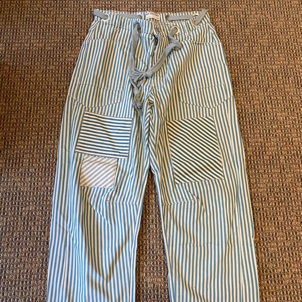 We The Free Blue and White Cargo Pants with Vertical Stripes